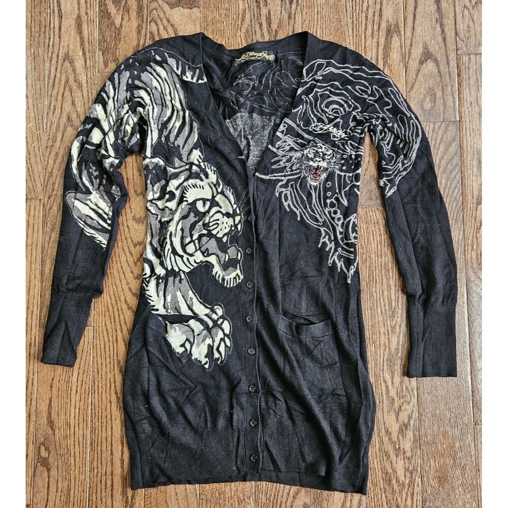 Ed Hardy Women's Long Black Tiger Cardigan Sz S Rhinestones Vtg Y2K